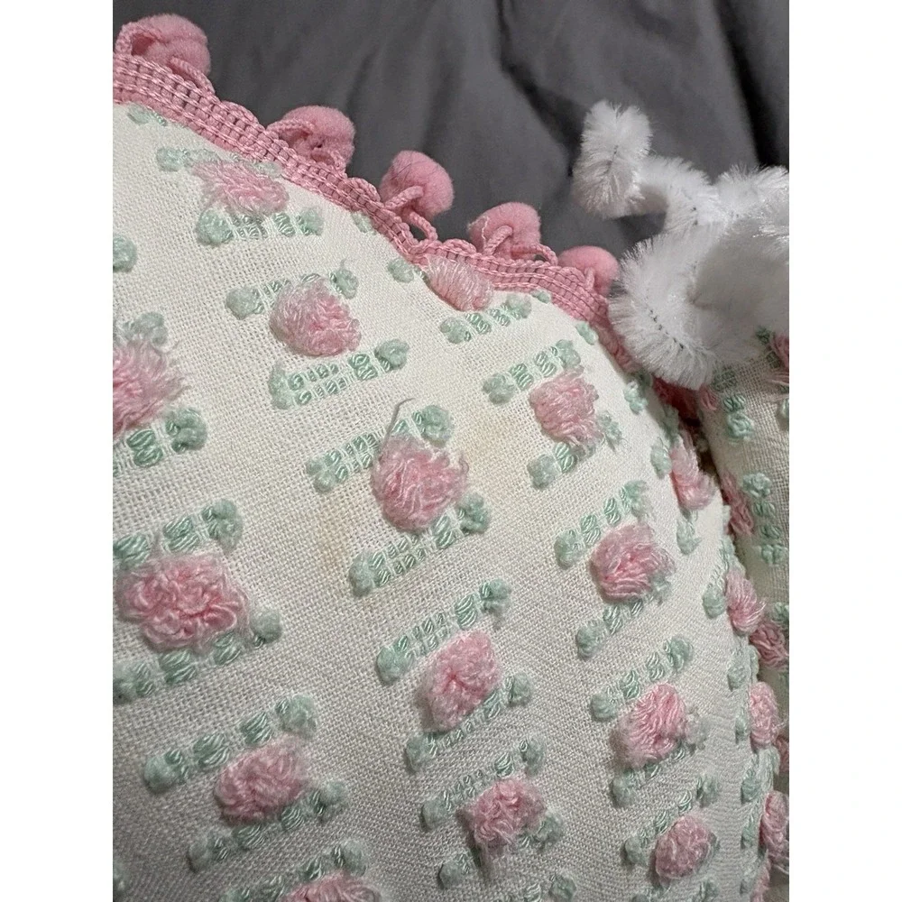 Vintage Handmade Springtime Butterfly Vintage‎ Rosebud Chenille Flower Pillow